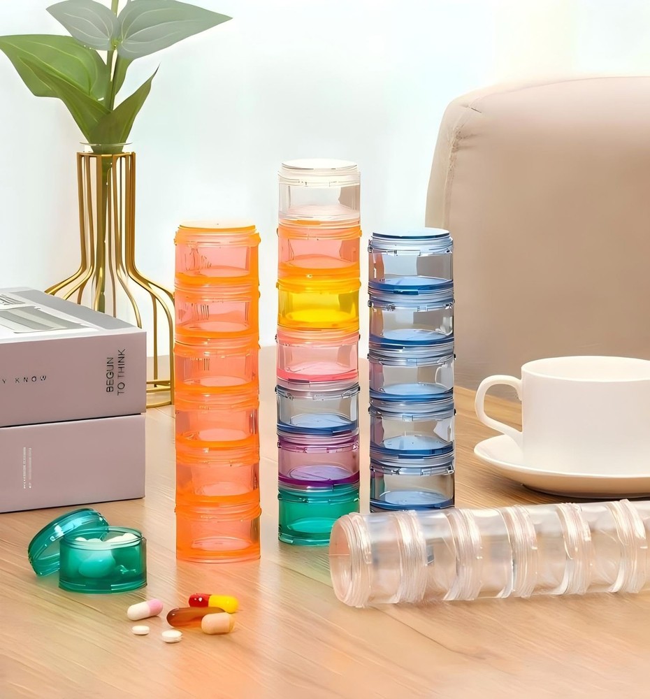 7 Day Stackable Pill Organizers Round Pill Tower Boxes with Lids for Supplements