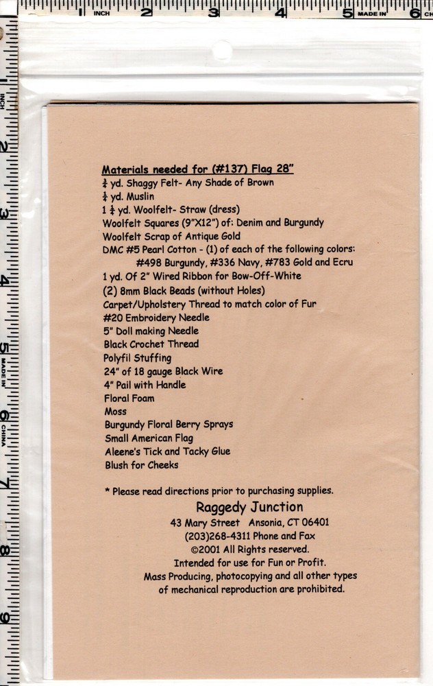 "Flag" ©2001 Raggedy Junction Sewing Dollmaking Craft Pattern # 137 28" Tal