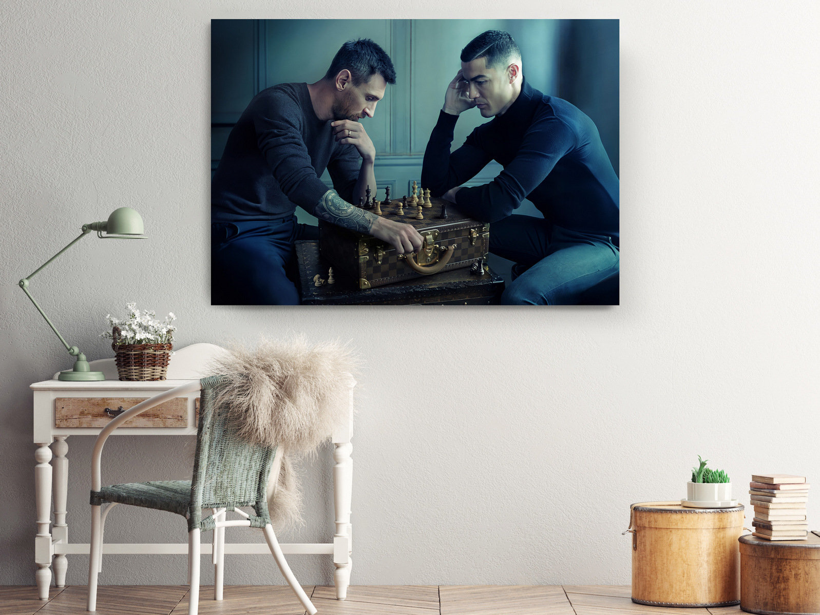 Super Soccer Stars Play Chess Messi vs Ronaldo Canvas Print