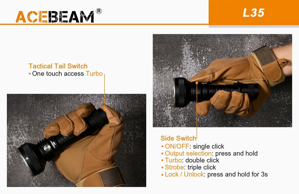 Combo: Acebeam L35 Dual Switch Flashlight 5000 Lumen, 21700 batt & Offset Mount