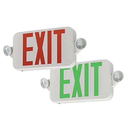LED Exit Sign Emergency Light Combo, Switchable Red/Green, 2-Head Fixture, White