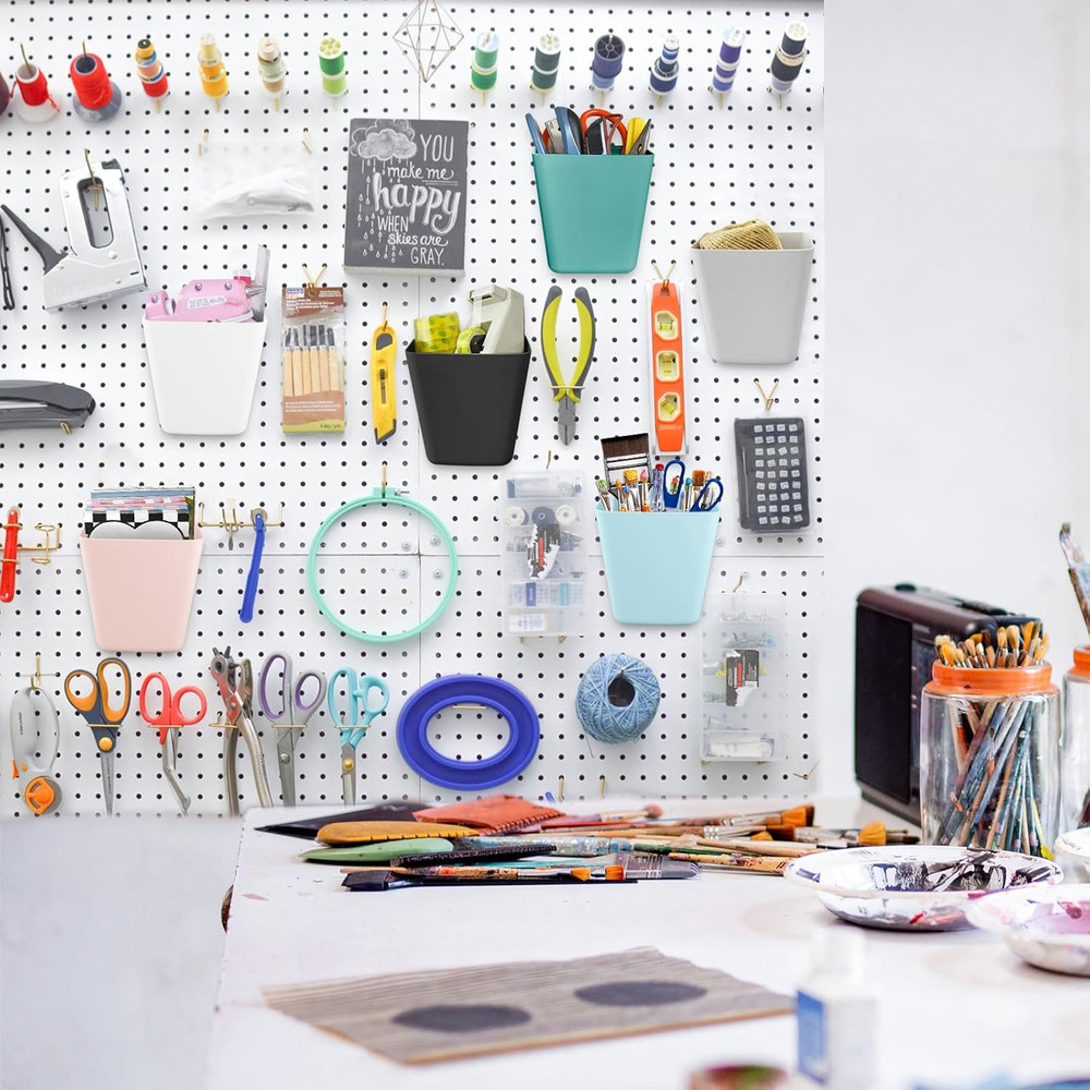 Large Pegboard Cups Peg Board Storage Bin 6 Pack with Hooks, Square Box Shape Pe