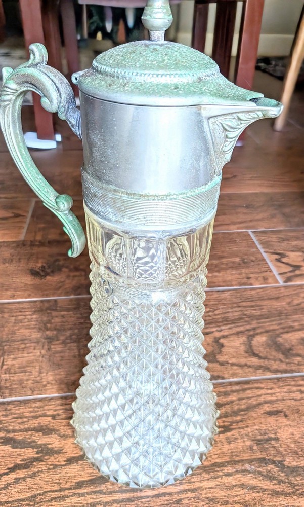 Vintage Crystal Diamond Cut Pattern Pitcher/Decanter Silverplate Hinged Lid