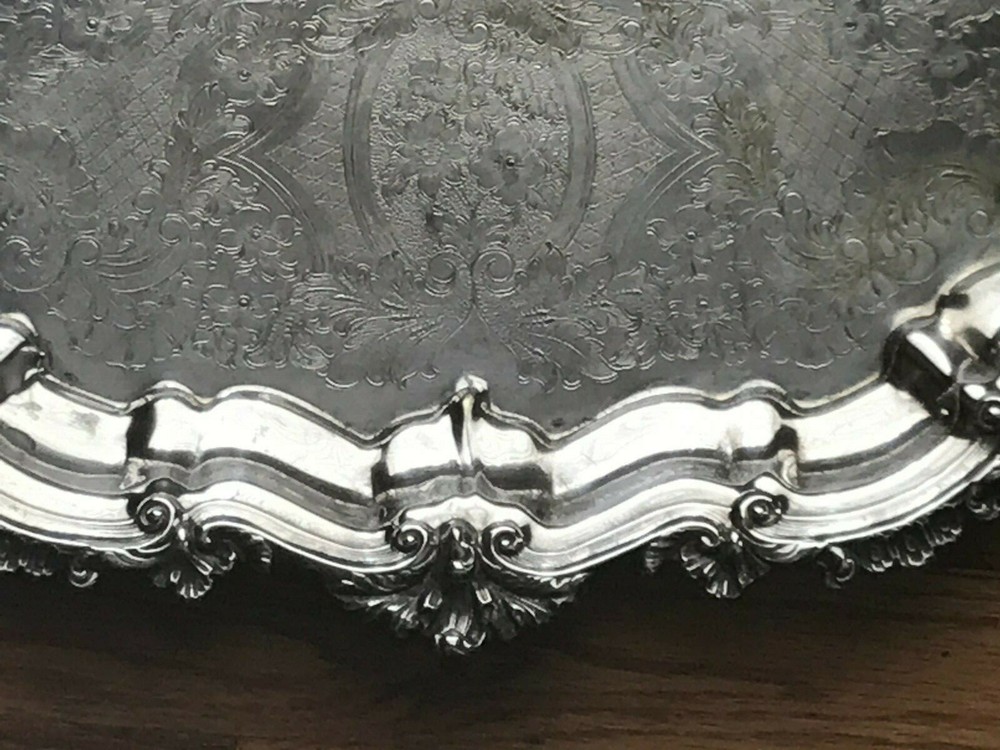 vintage large oval silverplate footed platter with handles 16X19