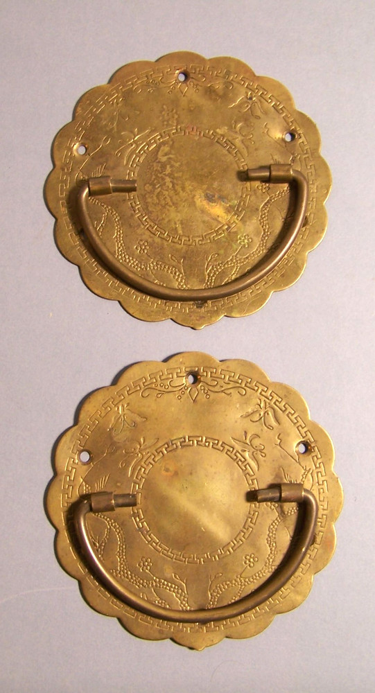 Vintage Brass  Pulls, 4 1/2" diameter, patterned, substantial 4 oz each