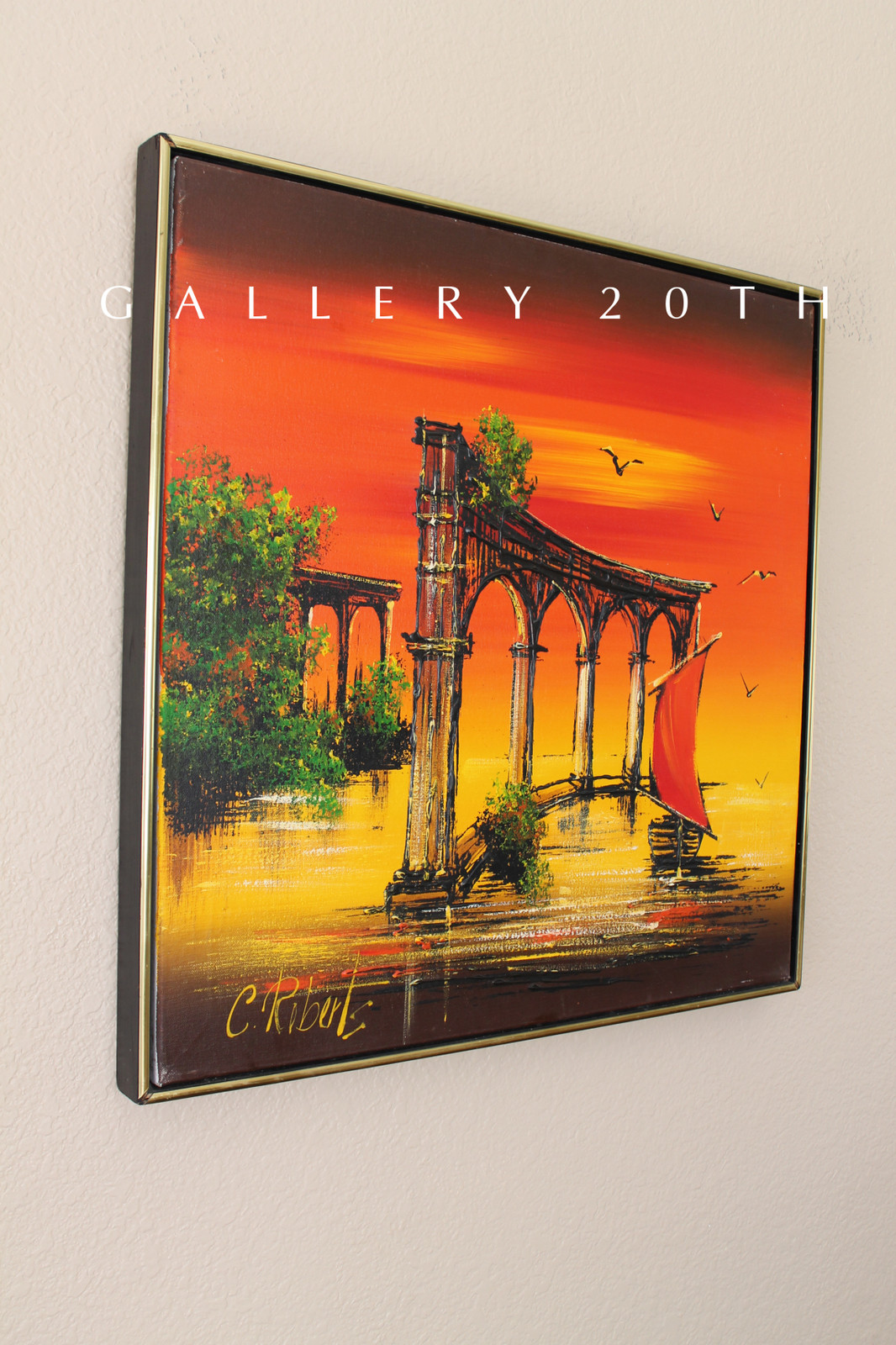 SPECTACULAR! MCM ORIG OIL PAINTING! 50'S 60'S ART VTG ATLANTIS RUINS MID CENTURY