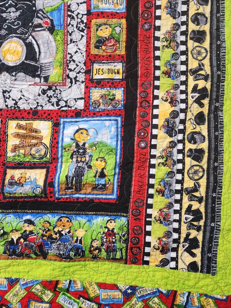 Vintage Motorcycle Biker Bugz Patchwork Reversible Quilt Throw 51" x 60"