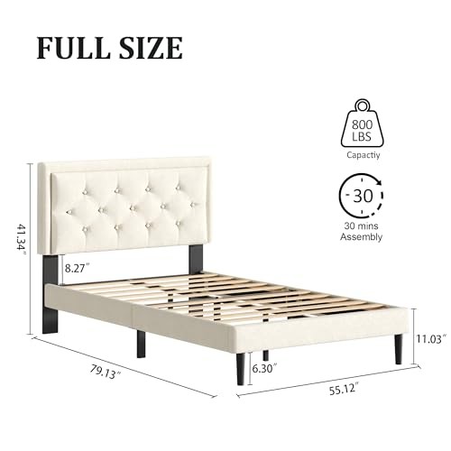 Size Platform Bed Frame with Upholstered Velvet Button Tufted Full Beige