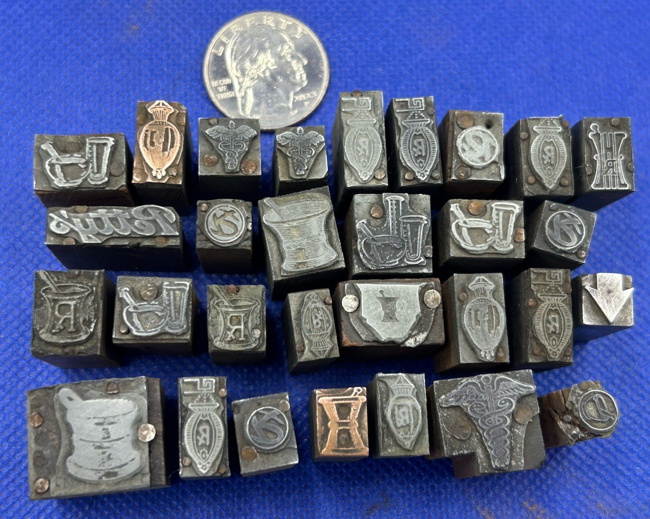 Antique Figural Pharmacy Stamping Dies Pharmacist Log Stamps - LOT OF 30