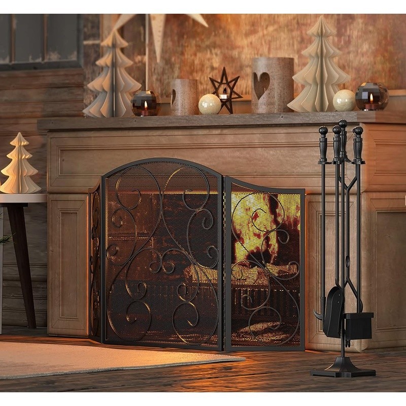 3 Panel Foldable Fireplace Screen Spark Guard Safety Accessories Fire Protection