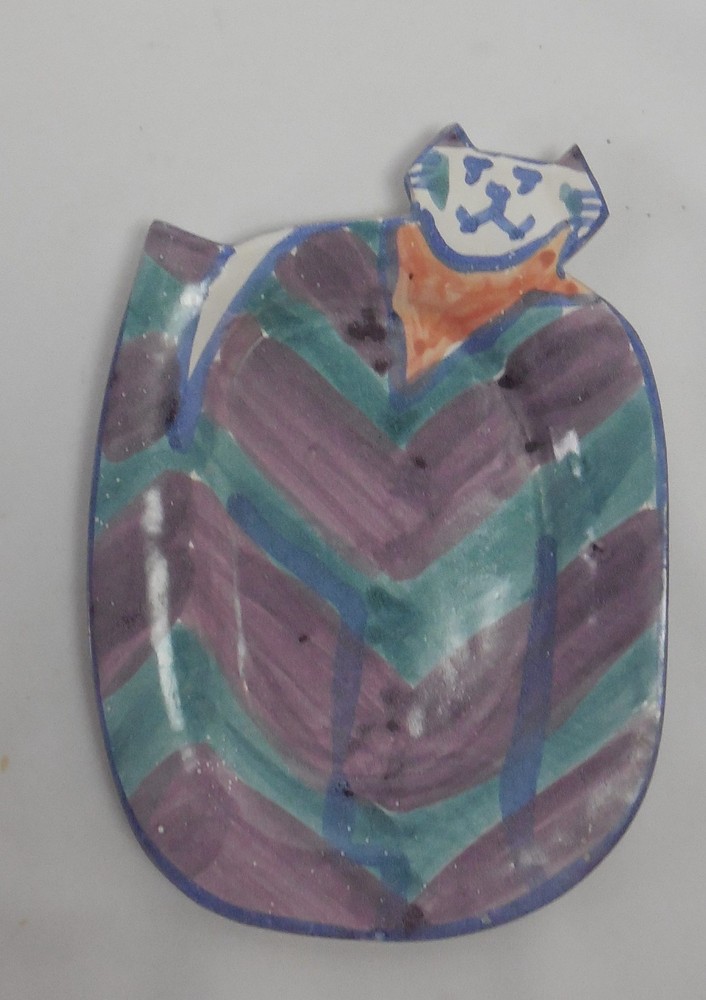 Hand Decorated Ceramic Pottery Cat Dish Tray