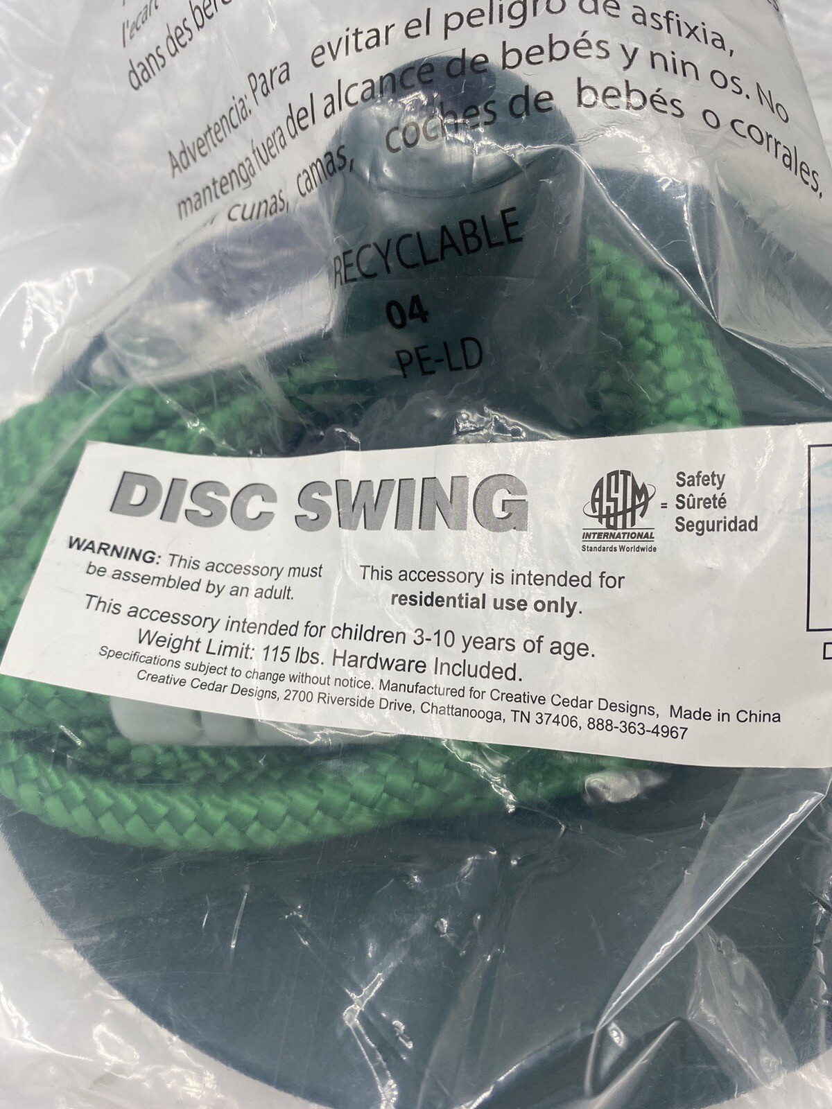 Creative Cedar Green Disc Swing with Rope Swing Set Play Set with Hardware