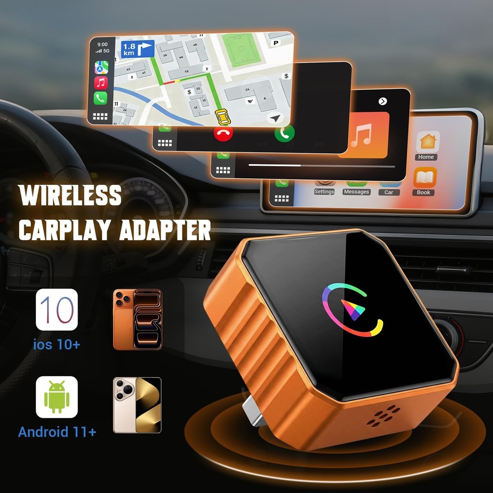Wireless CarPlay Adapter for iPhone & Android, 2-in-1 Orange
