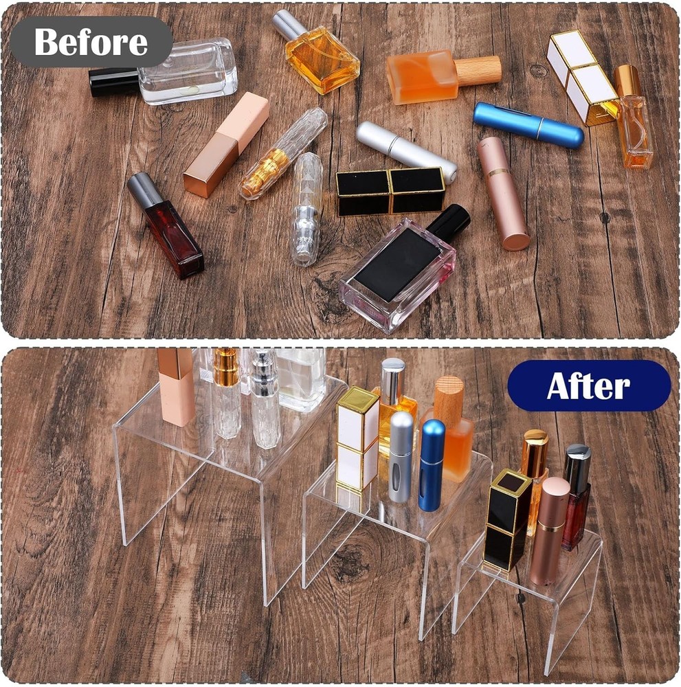6 Pcs Clear Acrylic Risers Display Stands 0.2" Thick 2 Sets Square 3-Tier Ris...