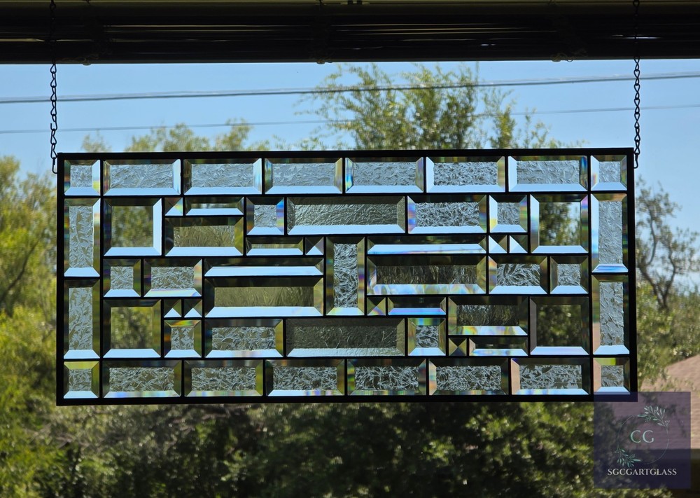 Contemporary clear stained glass panel, rectangular window hanging,28 1/2x12 1/2
