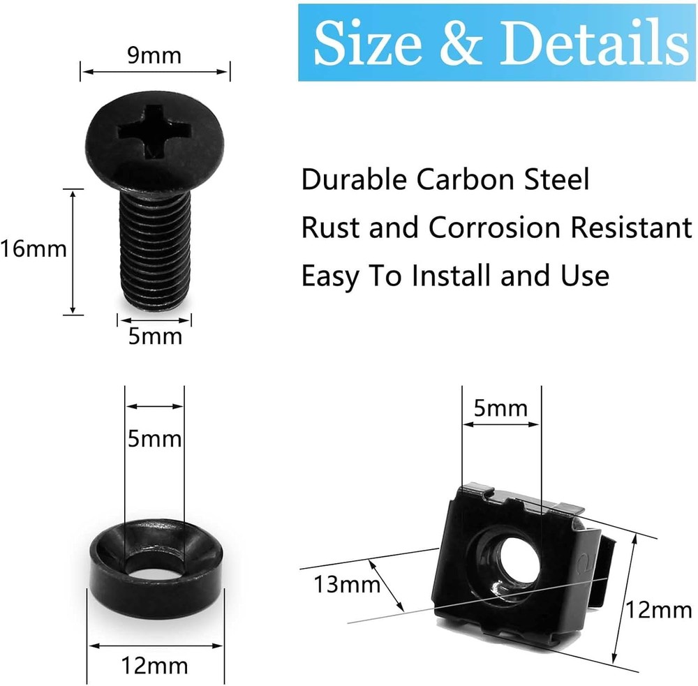 30Pcs M5x16mm Rack Mount Screws Cage Nuts Washers Server Cabinet