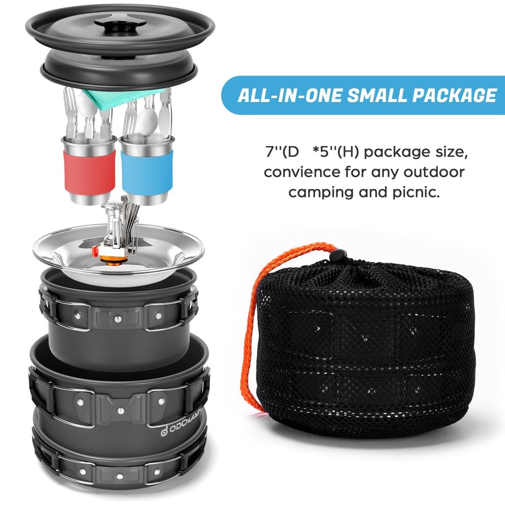 Odoland 16pcs Camping Cookware Mess Kit with Folding Silver, Black