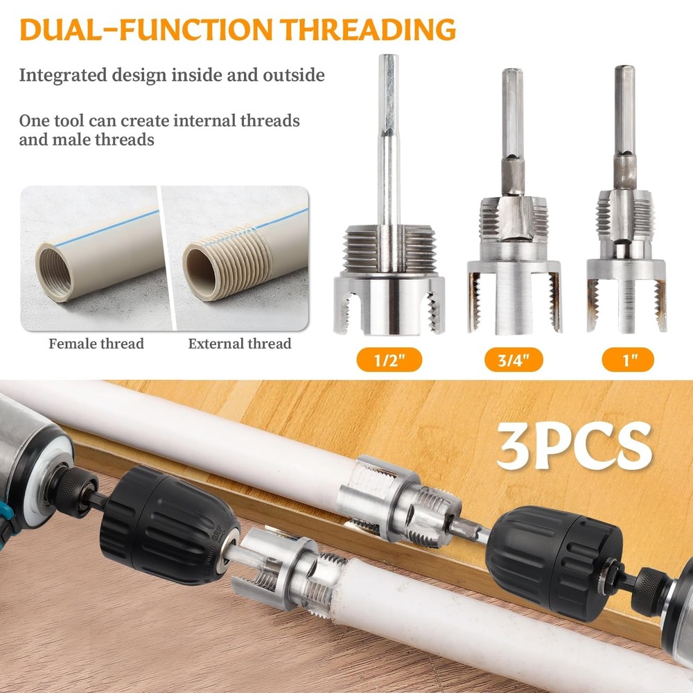 3Pcs Integrated Internal & External Pipe Threading Tool, DualFunction Pipe Th...