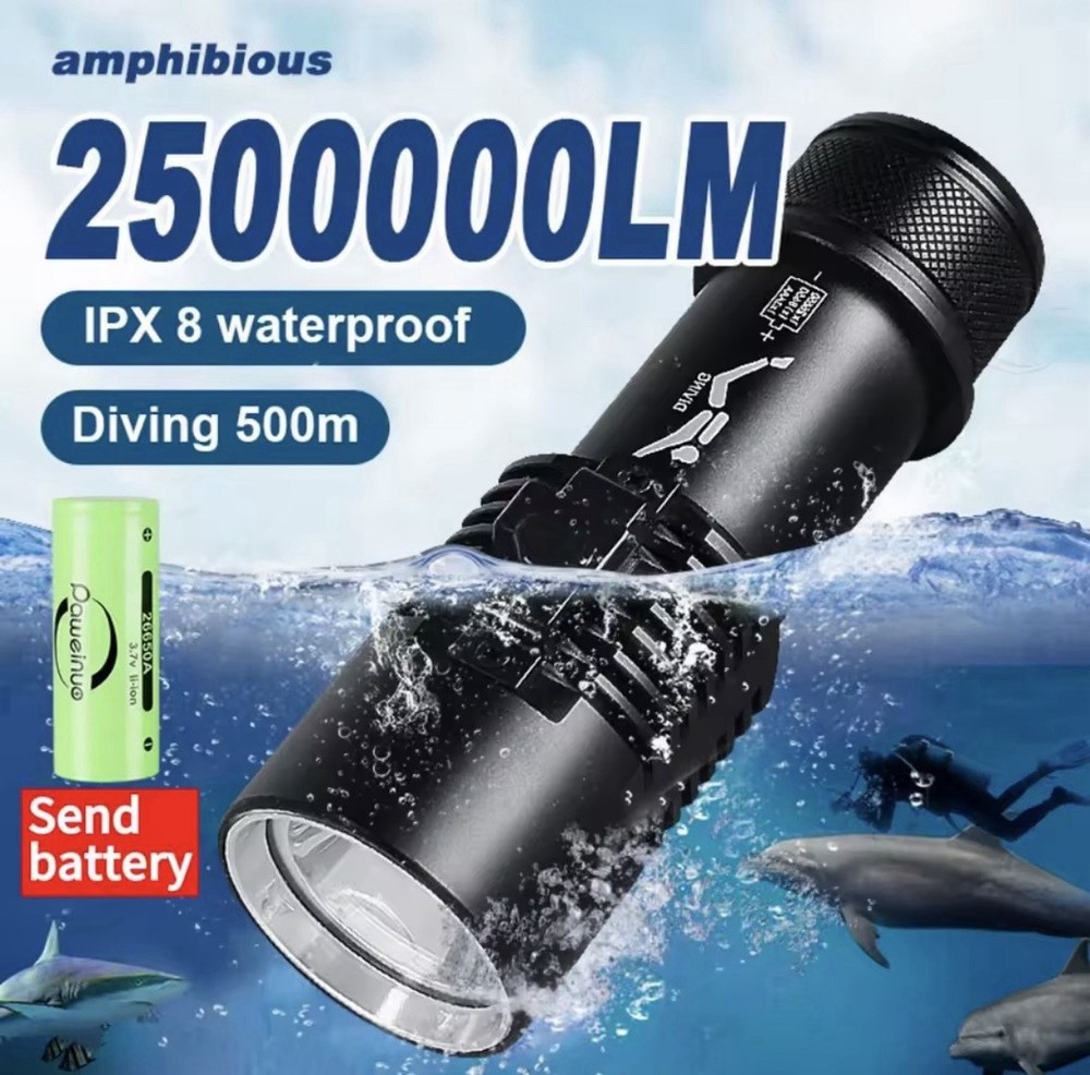 LED Diving Flashlight Waterproof Sub Diving 500M Rechargeable