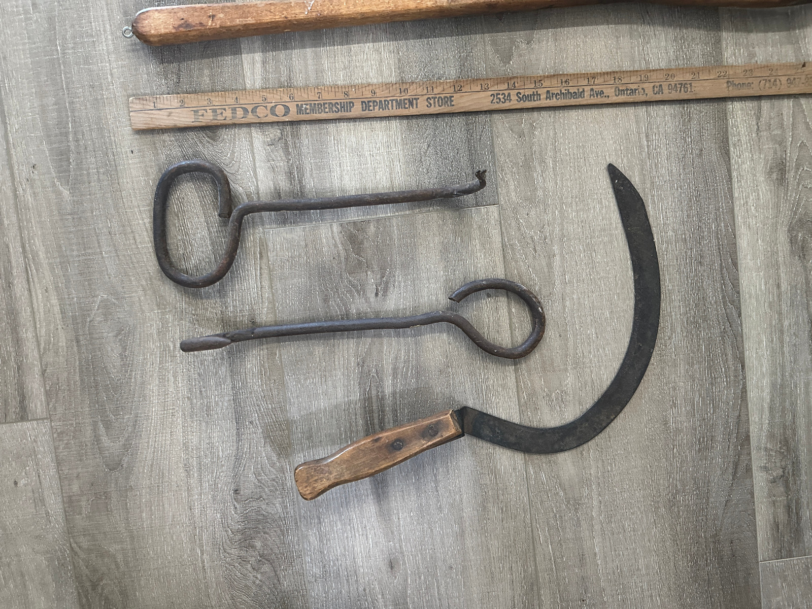 Lot of 7 vintage tools farm antique wooden tongs pliers scythe hooker plunger