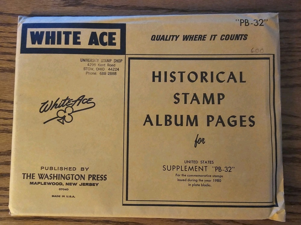 White Ace Stamp Supplement PB-32 for 1980 Commemorative Plate Blocks NOS