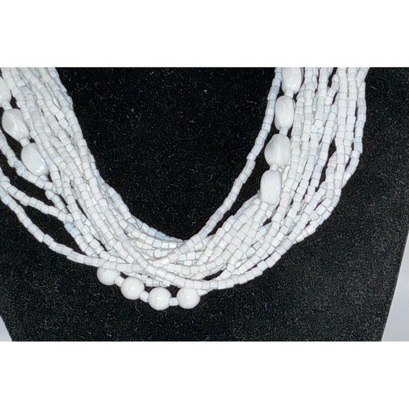 White Layered Bead Necklace Multi Strand Boho Bridal Summer Statement 16"