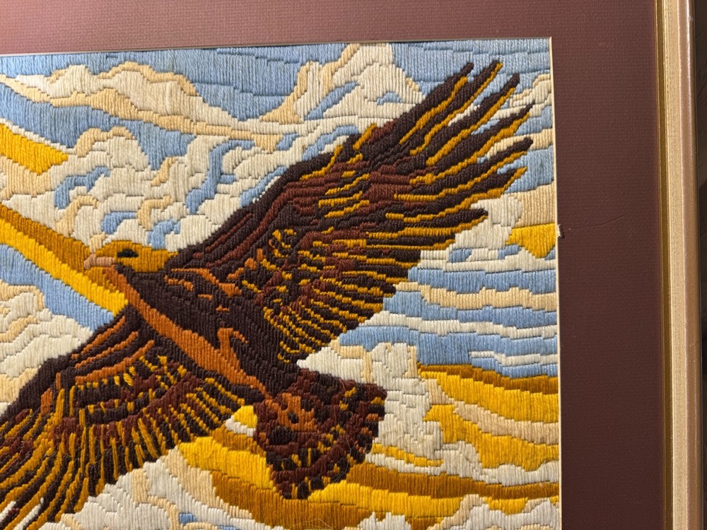 Large Vintage Needlepoint "An Eagle In Flight" - Framed