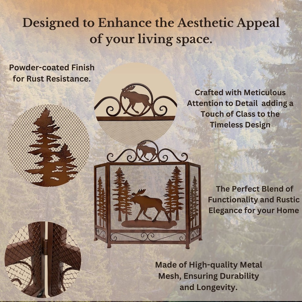 3-Panel Fireplace Screen with Moose in the Forest Design