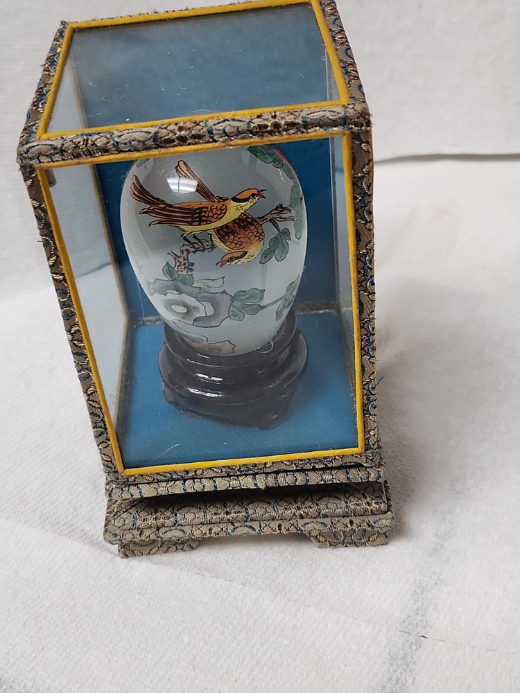 Reverse Painted Glass Egg With 2 Birds In The Bush