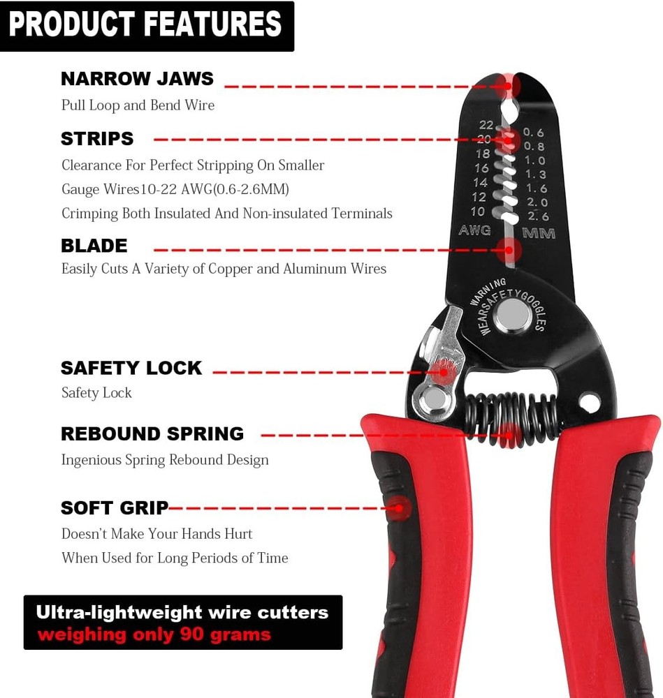10-22 AWG Wire Stripper Cutter, Multifunctional Multi-Size Wire Stripping Tool,