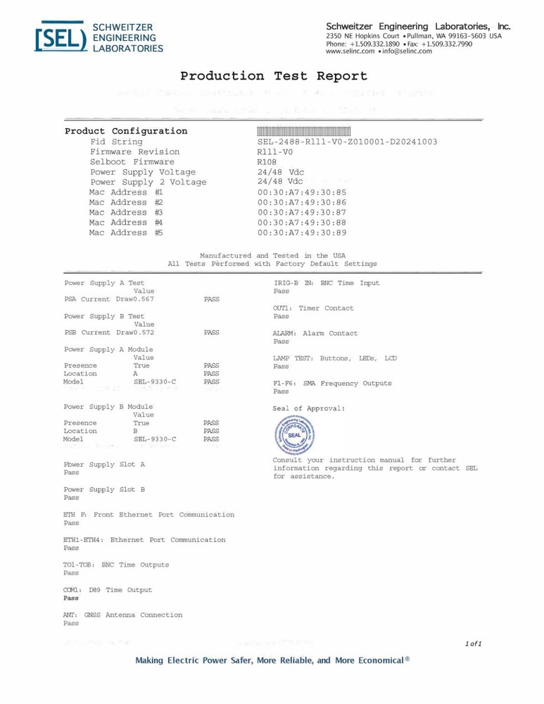 Schweitzer SEL 2488 GPS Satellite Synchronized Network Timing Clock