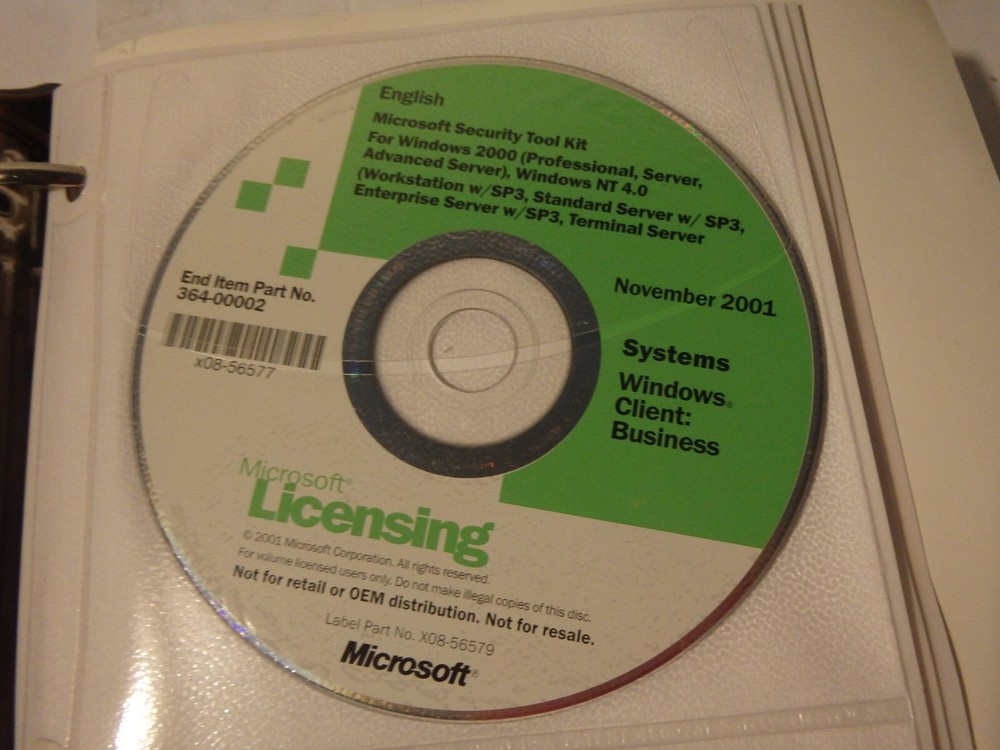 Microsoft Licensing Security Tool Kit Systems Windows Client Business 2001 Disc