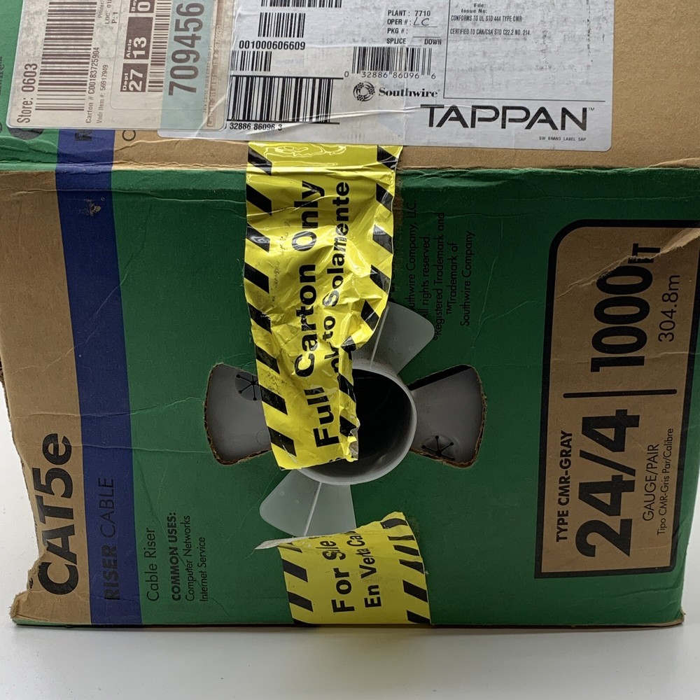 578ft SouthWire Type UTP CMR Gray 24/4 CAT5e Riser Cable