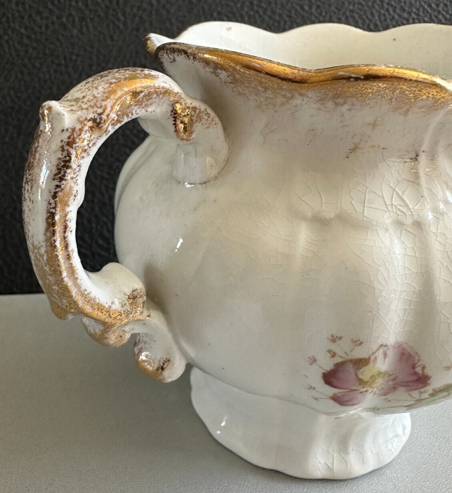 Vintage Gold Trimmed Handled Flowered Pitcher