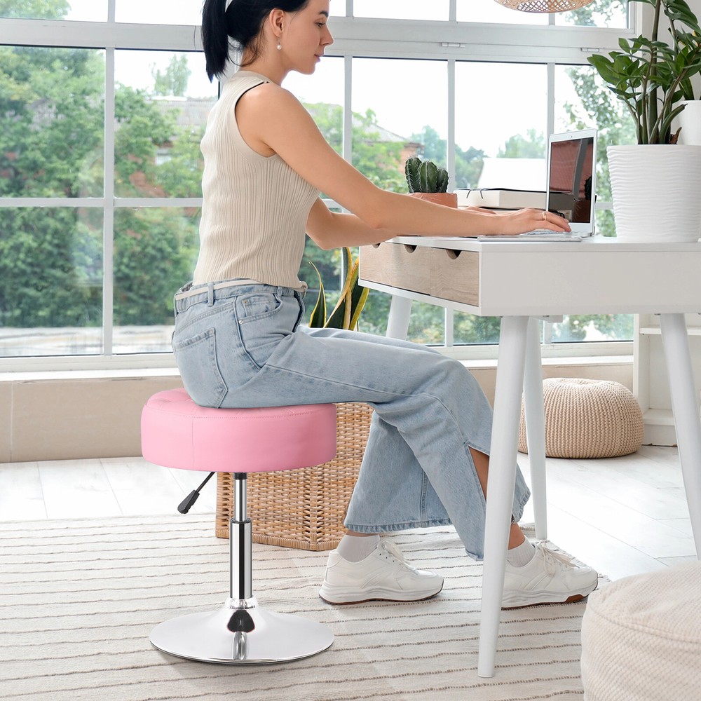 4PCS Adjustable Round Ottoman Stool Vanity PU Leather Swivel Makeup Stool Pink