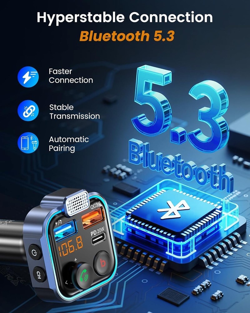 Hi-Fi Bass Bluetooth Car Adapter & Fast Charging with Hands-Free Calling