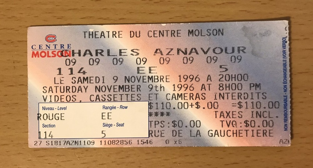 1996 CHARLES AZNAVOUR MONTREAL CONCERT TICKET STUB Paris au mois d'août