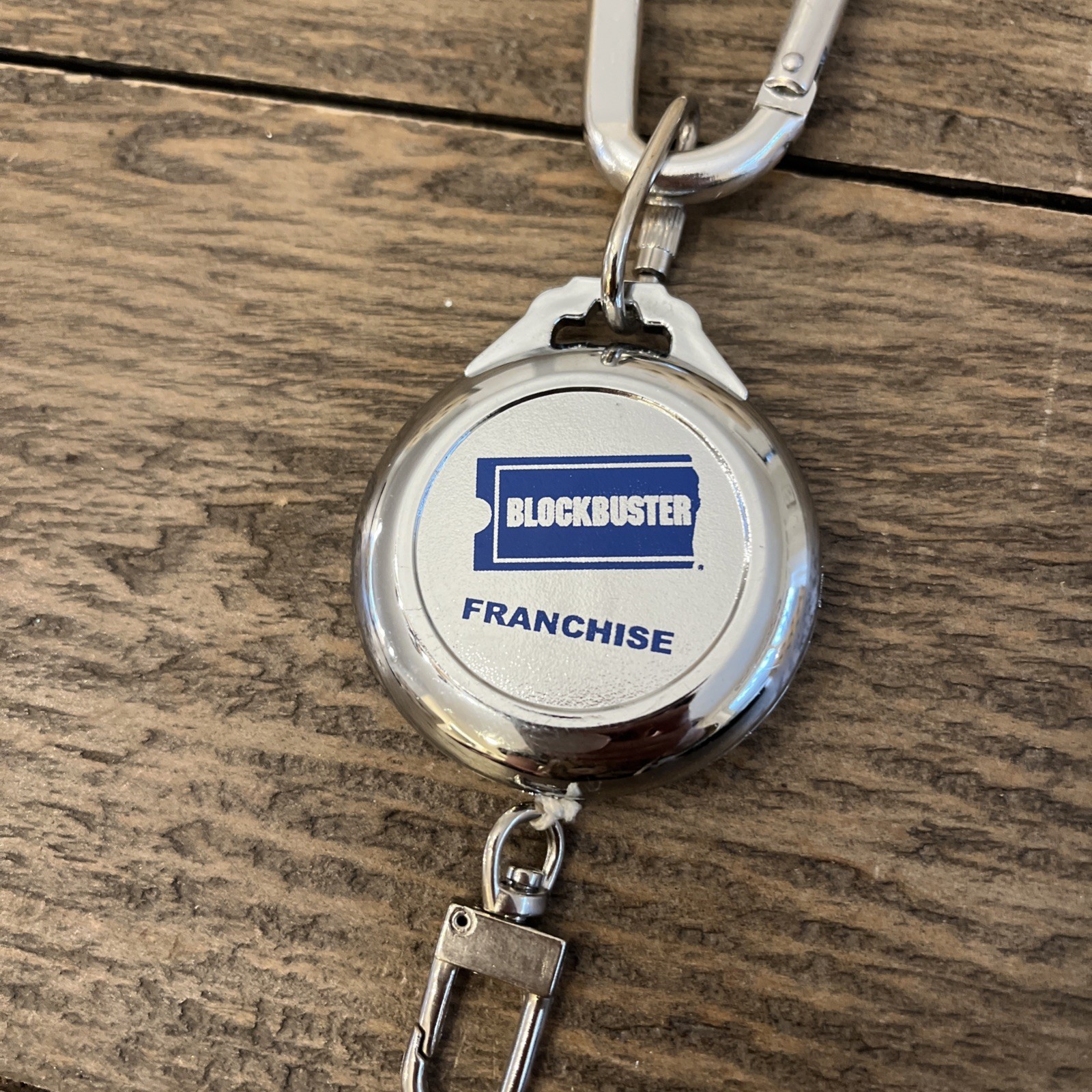 NEW NOS Vtg Blockbuster Video Retractable Keychain Badge Reel Carabiner Silver