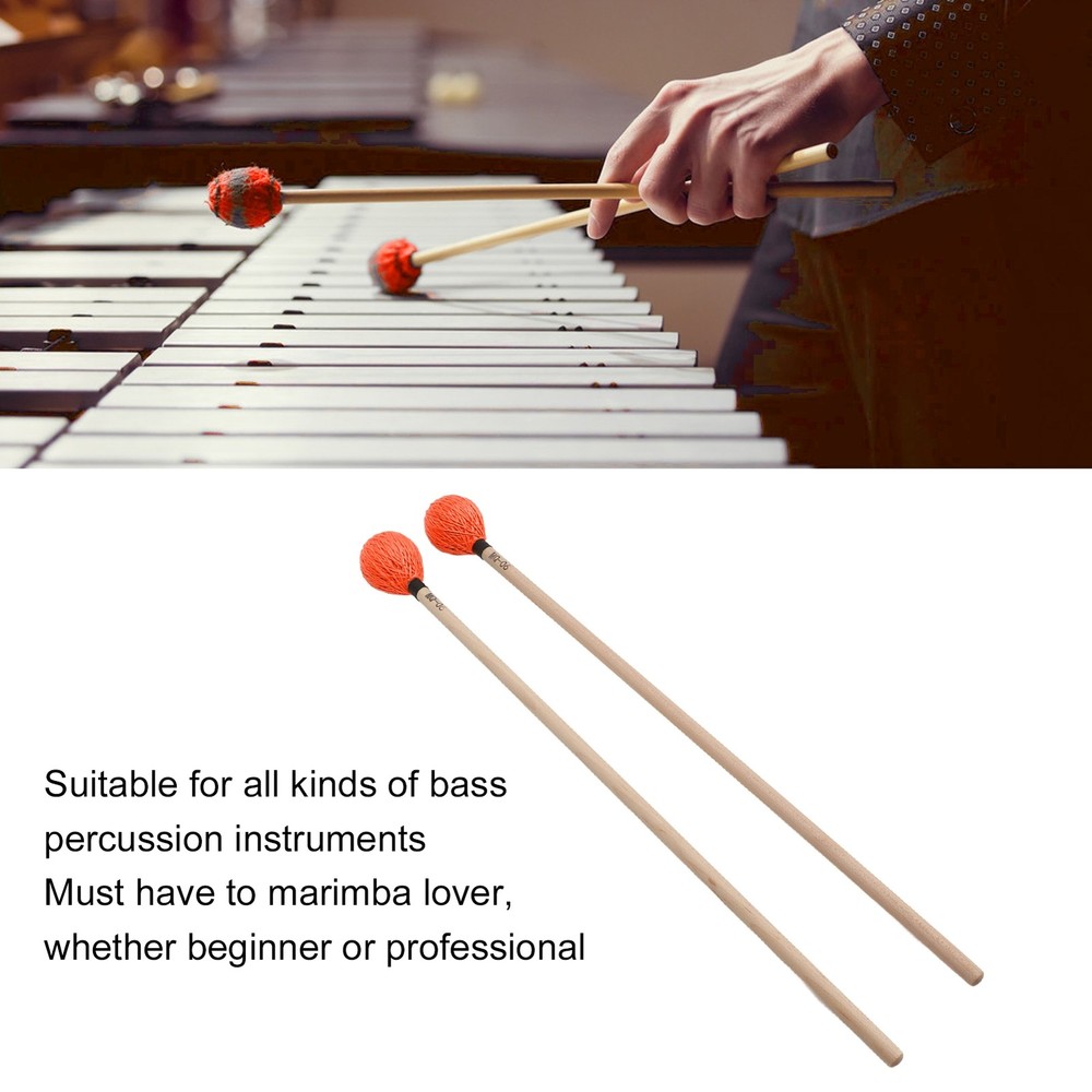 1 Pair Medium Hard Marimba Mallets For Percussion Playing Orange Excellent