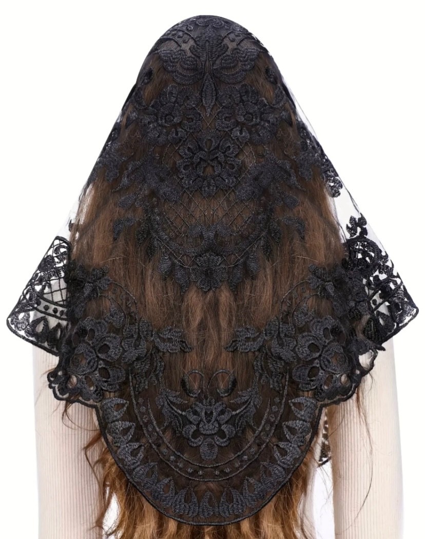 Head Veil Mantilla Catholic Church Veil Head Cover Black Embroidered