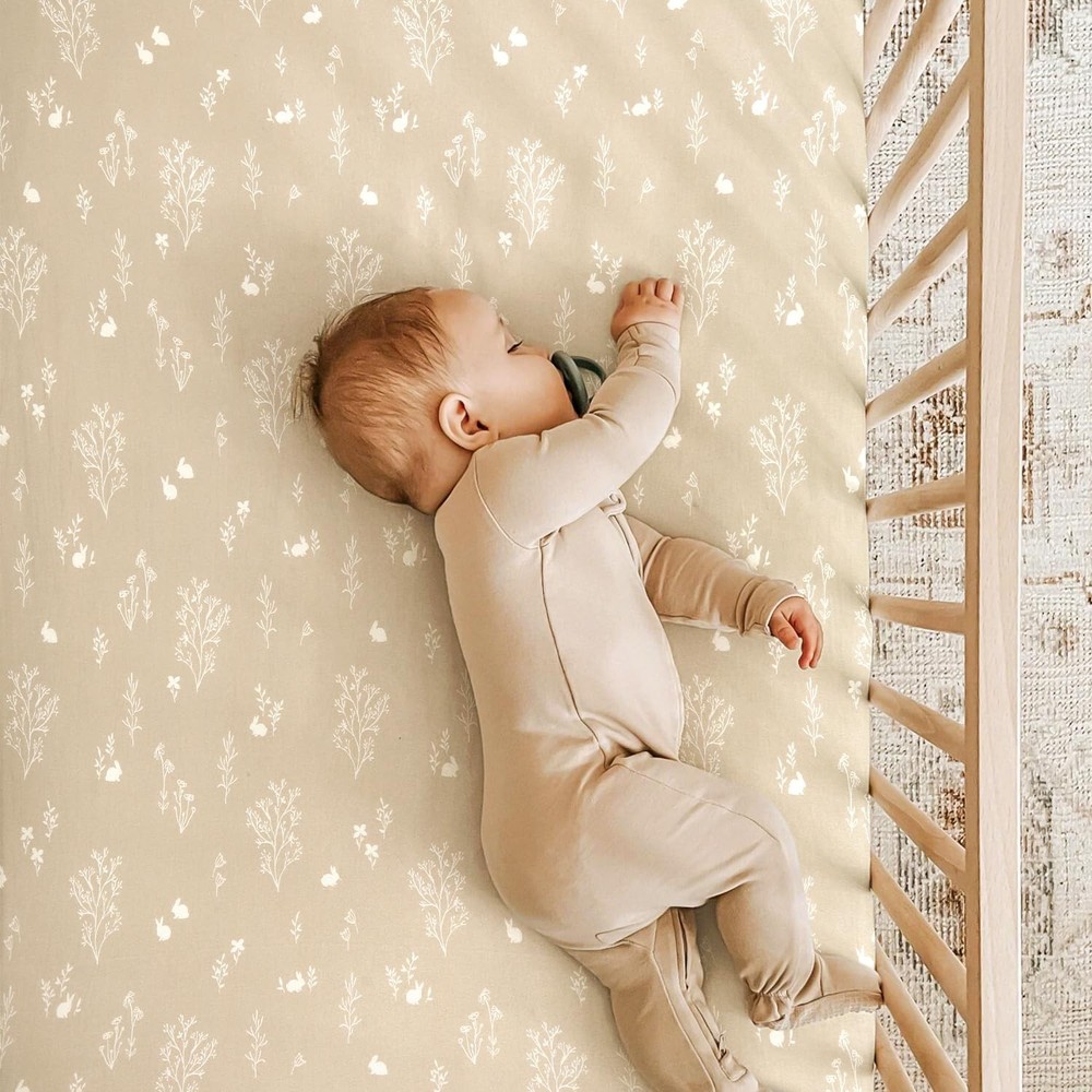 2 Pack Jersey Knit Fitted Crib Sheets, Stylish Watercolor Rabbit Pattern, Soft