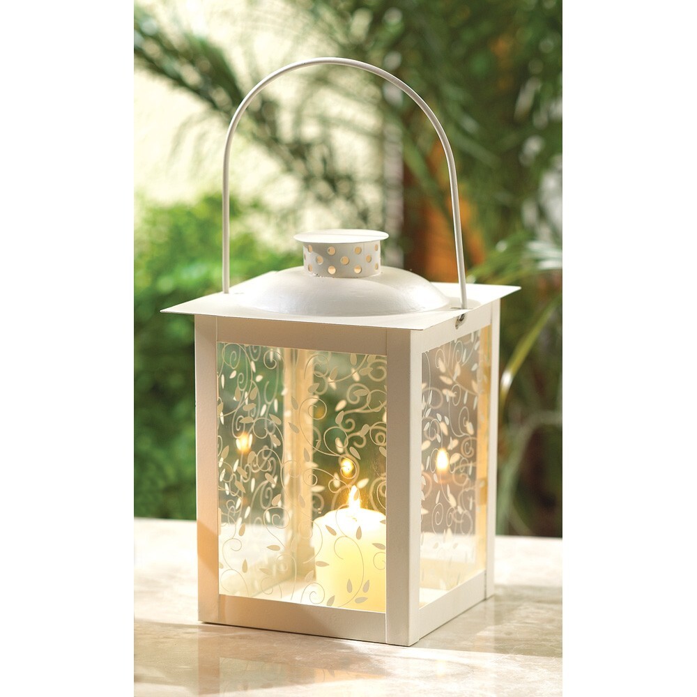 LARGE WHITE LANTERN - 8" HIGH - METAL & GLASS