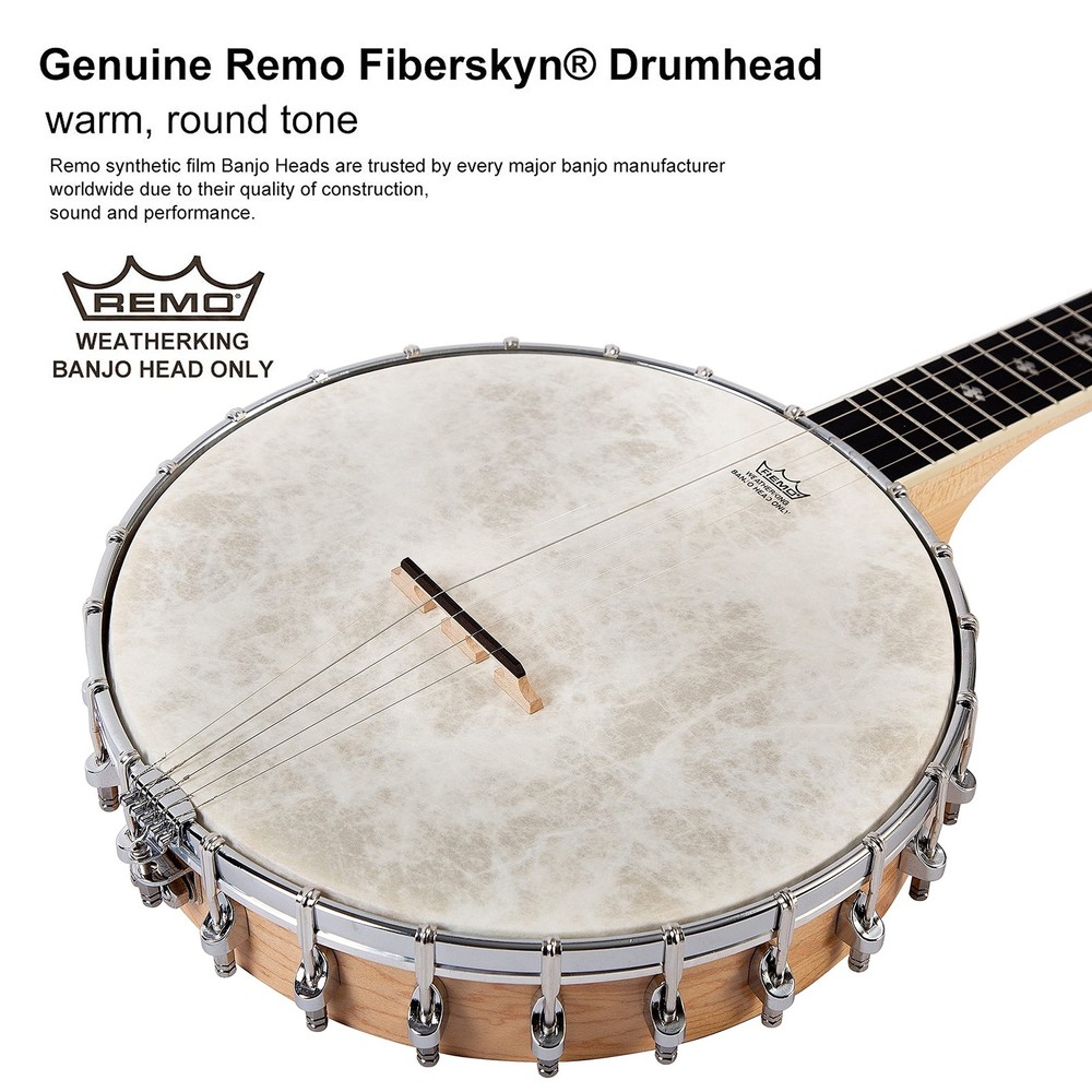 5 String Banjo - Full Size with 24 Brackets, Open Back, Maple Banjo with Remo...