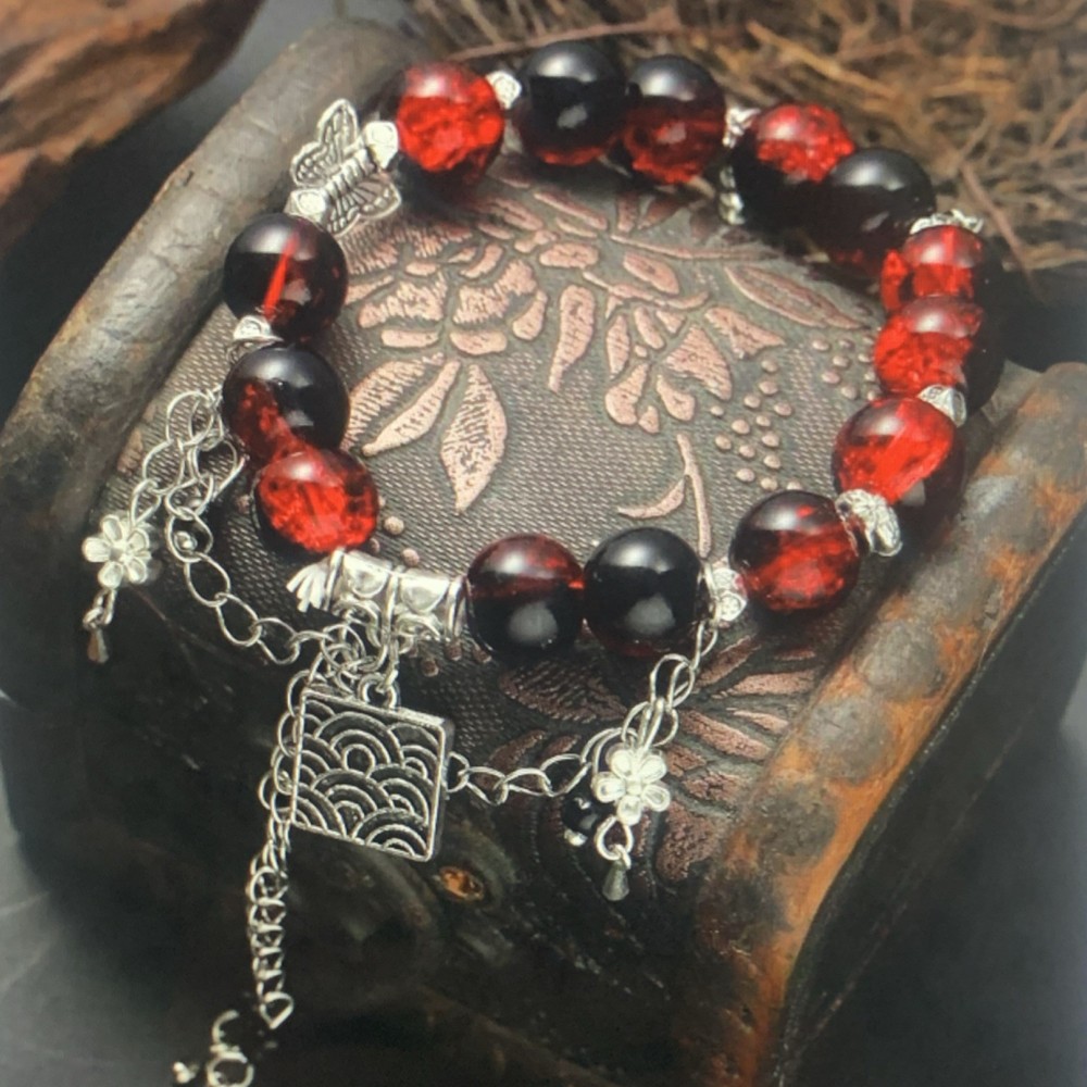 Handcrafted Red Black Beaded Dangle Butterfly Charm Adjustable Bracelet
