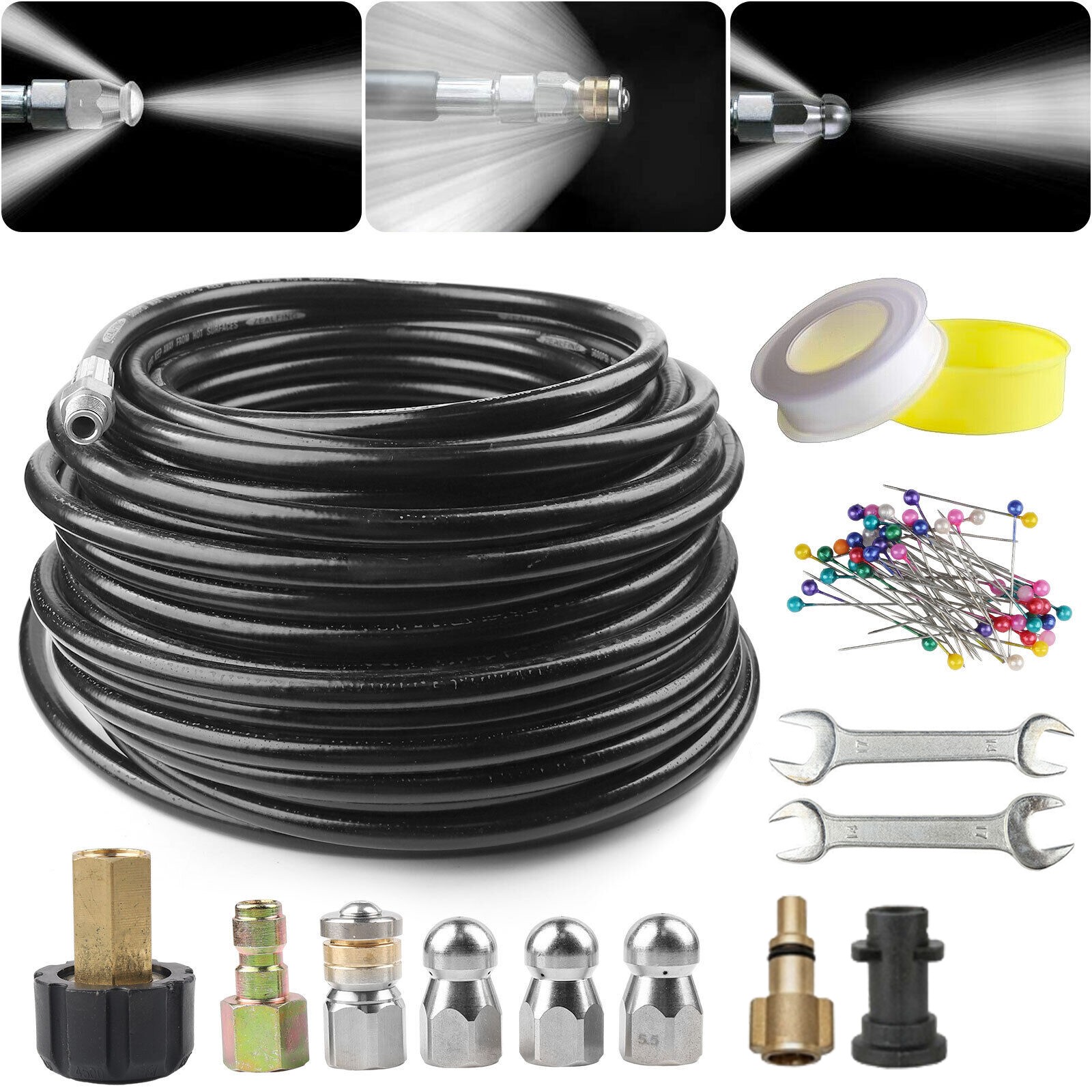 5800PSI Sewer Jetter Nozzles Kit 100FT 50FT Cleaning Hose for Pressure Washer