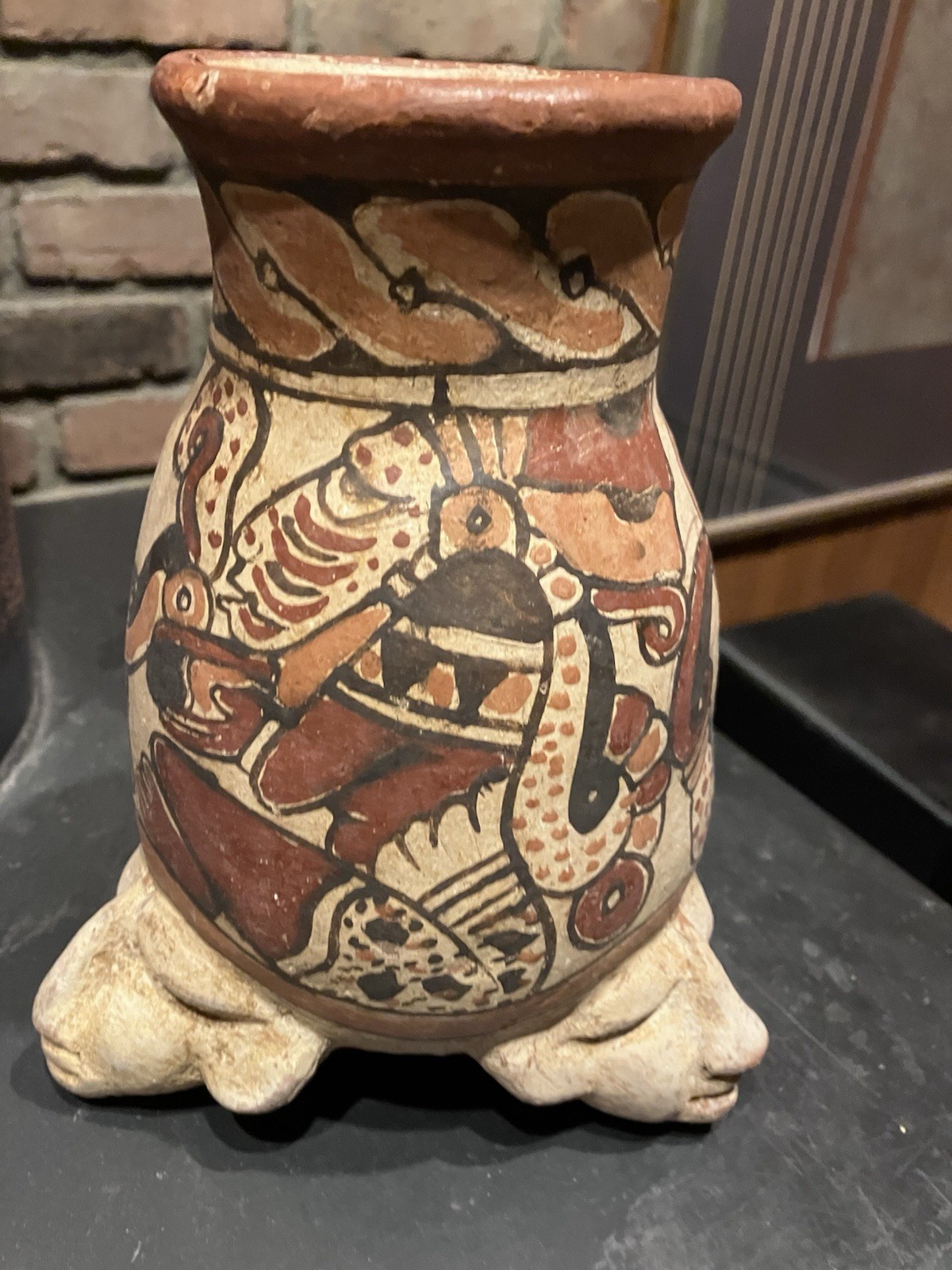 Ancient Pre Columbian Mayan Tripod Pottery   Vessel  3 Faced