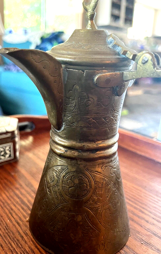 Antique Middle Eastern Dallah Etched Brass Coffee - Tea Pot w/ Half Moon Top