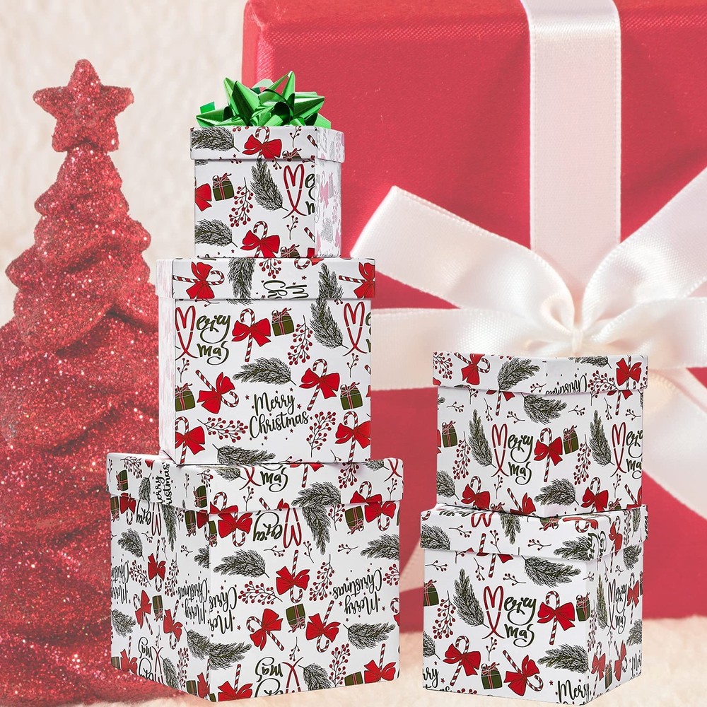 5PCS Christmas Nesting Gift Boxes with Lid, Nested Box Set, 5 Sizes, Square S...