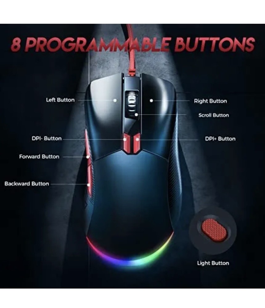 EKSA Gaming Mouse 16000 DPI Optical Sensor 8 Programmable Buttons RGB Wired