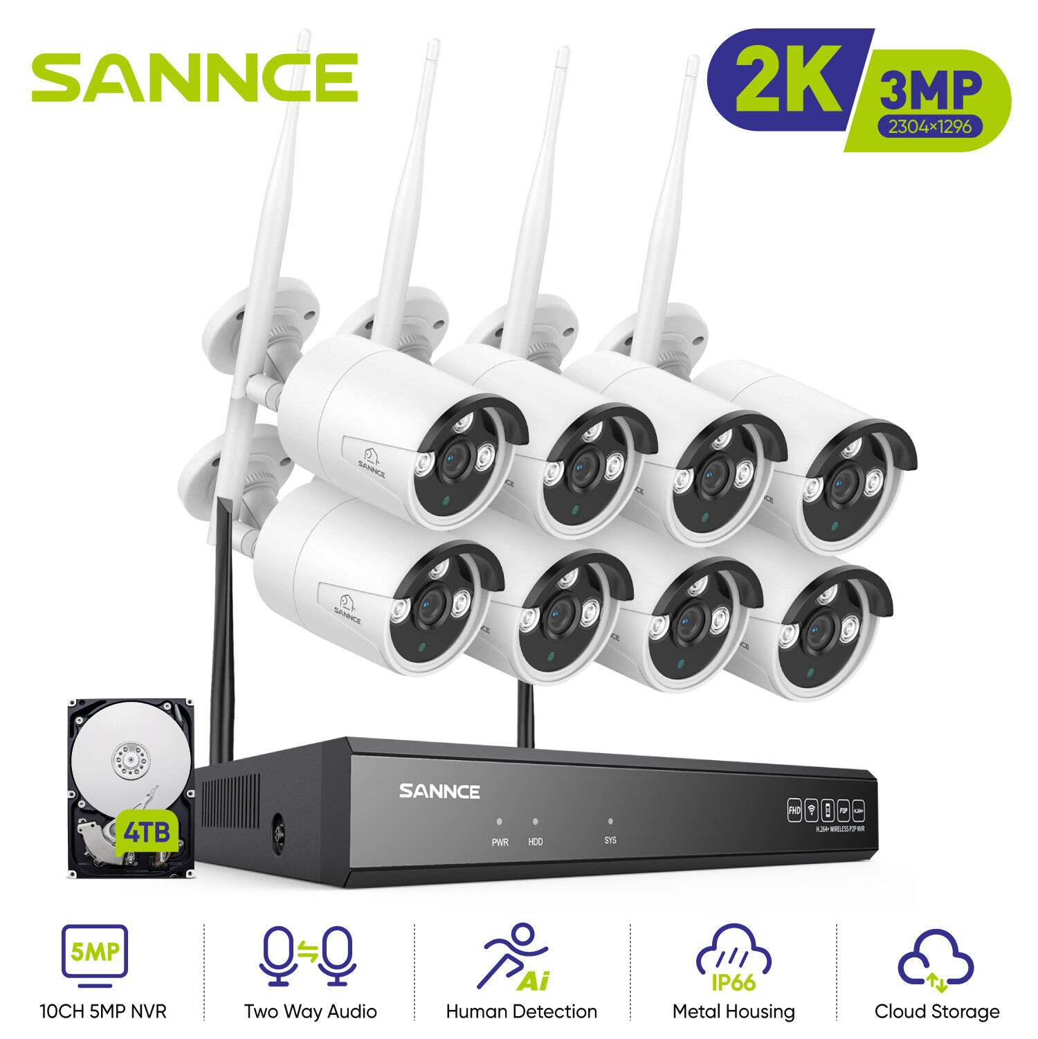 SANNCE Wireless 3MP Two Way Audio IP Security Camera System 5MP 8CH NVR WIFI AI